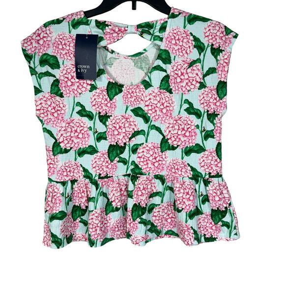 Crown & Ivy Kids X-Large Pepulm Top Pink Hydrangea Floral Stretch Ruffled Hem - Picture 2 of 7
